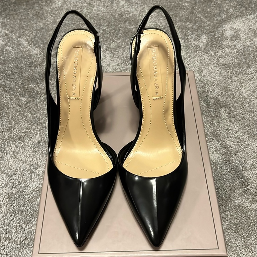 BCBG Max Azria Black Leather Acrobat Slingback Heels